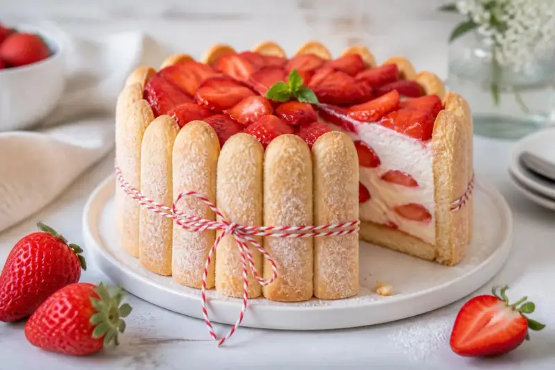 Eine köstliche Erdbeer Charlotte, umhüllt von Löffelbiskuits und dekoriert mit frischen Erdbeeren und Minze.